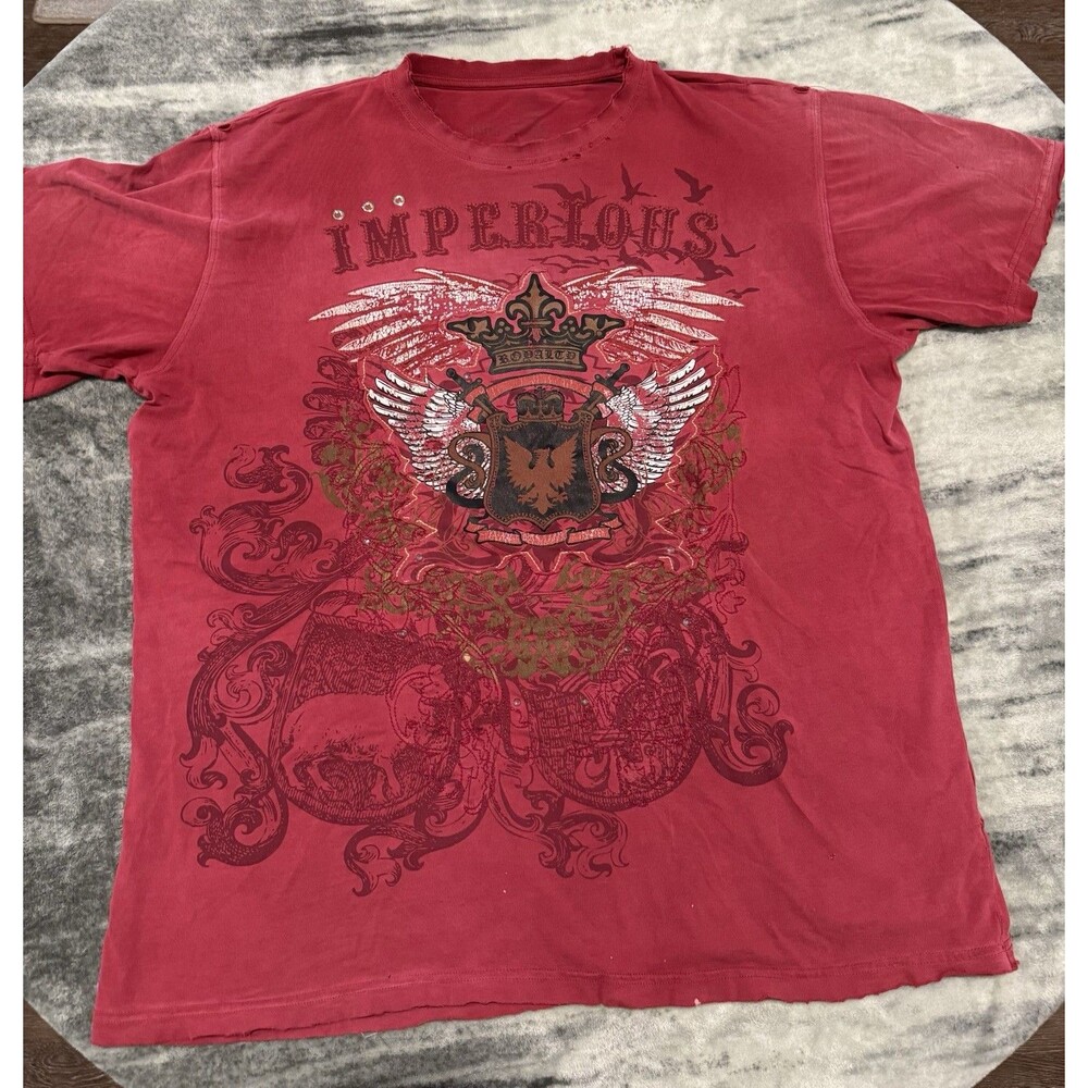 Imperious Y2K 90s Grunge Affliction Style Tee Sz XL  Fleur De Lis Wings Red